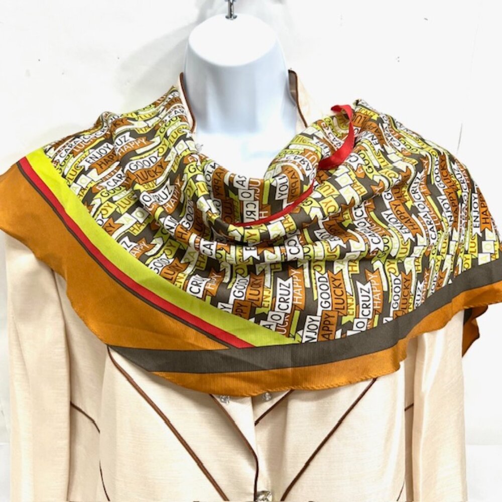 Vintage Cara Cruz 100%  silk Satin scarf 70" x23" Flag Style Colorfull logo (40) - Picture 6 of 14